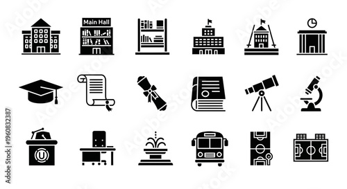 Black silhouette icons representing various educational institutions and academic objects