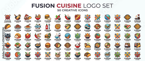 Fusion cuisine logo set collection icons.