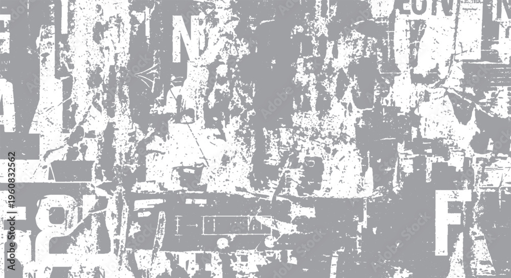 Fototapeta premium Grungy distressed collage of torn paper scraps and typography elements, abstract urban background texture, graphic design