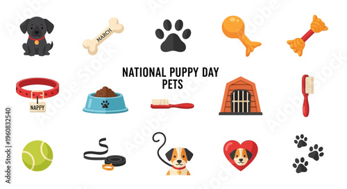 National Puppy Day Pets Icons Collection.