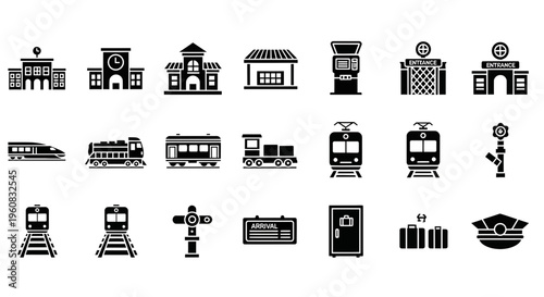 Set of black silhouette icons related to train stations and railways