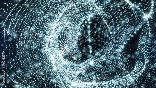 Abstract white particles swirling in a vortex with flowing lines and depth, creating a futuristic digital energy field on a dark background.