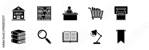 Black and white icons related to a library books and reading resources