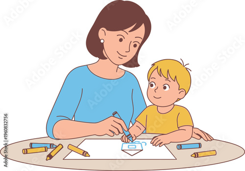 Mother smiles while guiding her young son's hand to color a simple drawing on paper with crayons at a table.