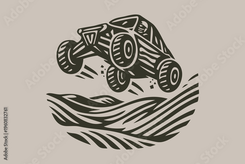 Off Road Dune Buggy Sand Jumping Linocut Art