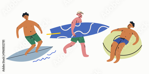 Vector set of young men character enjoying summer activities, surfing on waves, carrying a surfboard, and relaxing on an inflatable ring. Summer vibes cartoon illustrations
