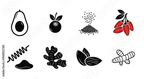 Superfood icon set with 8 vector elements, healthy organic food ingredients, black and red flat icons for nutrition and wellness packaging
