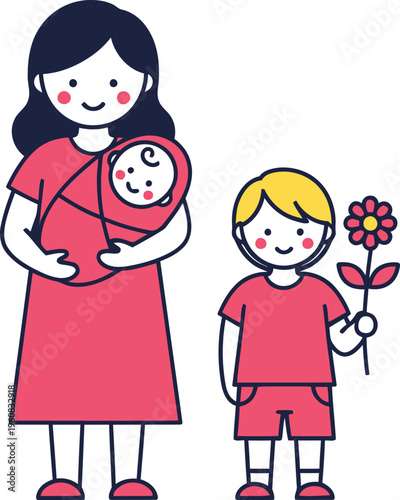Mother holds a swaddled infant while an older son stands beside her holding a single bright flower.