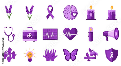 Purple Epilepsy Awareness Ribbon Icons Set.