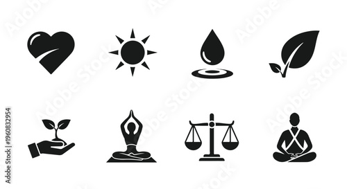 Minimalist wellness icons set, black silhouette health and balance symbols, 8 vector elements for yoga and holistic lifestyle branding