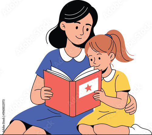 Mother reads an open storybook featuring a red star to her attentive young daughter sitting closely beside her.