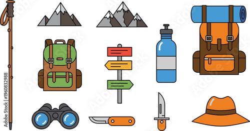 Hiking and Camping Equipment Collection with Backpack Water Bottle Trekking Pole Knife Binoculars Hat and Outdoor Adventure Gear Flat Vector Illustration