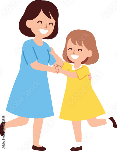 Joyful mother and young daughter embrace while dancing together with raised knees in a happy gesture.