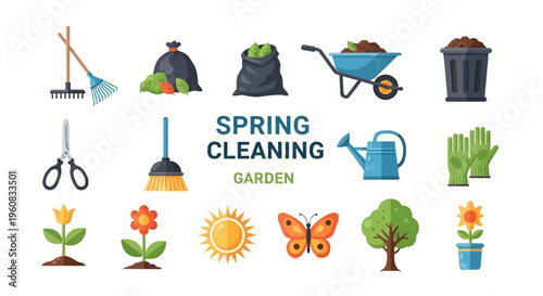 Spring cleaning garden tools and icons.