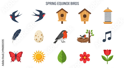 Spring equinox birds and nature icons.