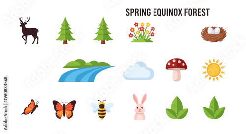 Spring Equinox Forest Landscape with Animals.