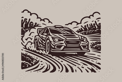 Rally Racing Car Dirt Track Woodcut Art