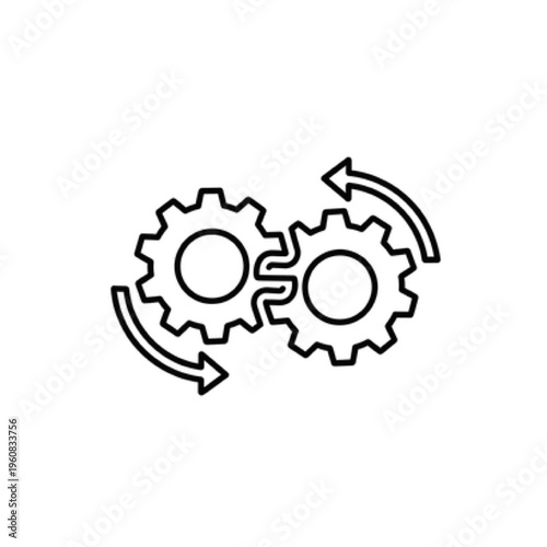 Interlocking Gears Icon with Directional Rotation Arrows, Minimalist Vector Line Art for Business Operations, System Workflow, and Technical Synergy