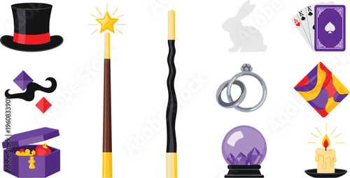 Magic and Illusion Elements Collection with Wand Hat Crystal Ball Cards Rings Candle and Trick Accessories Flat Vector Illustration