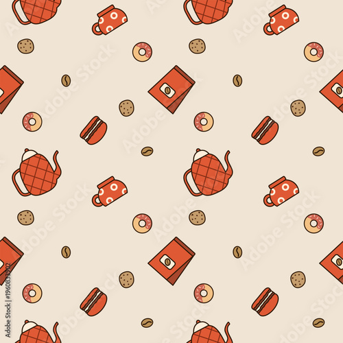 Tea pot red cartoon so cute. On bag cup macarons donut cookie coffee background. Pattern seamless vector illustration.