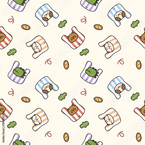 Animal in bag cartoon so cute. On dog cat crocodile bear head leaf bread doodle background. Pattern seamless vector illustration. 