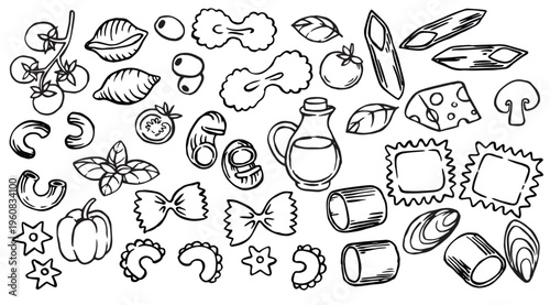 set italian pasta ingredients. vector illustration in doodle style