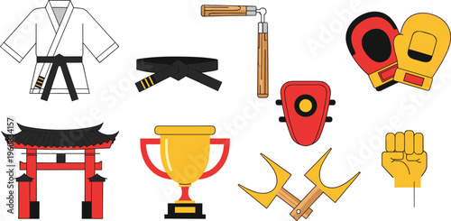 Martial arts and karate sports equipment flat icon set