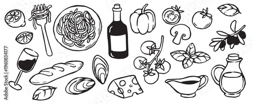 set italian cuisine. vector illustration in doodle style