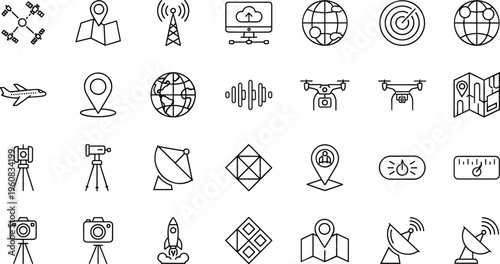 Satellite navigation and aerospace technology vector icon collection featuring global positioning systems drones aircraft and telecommunication signals.