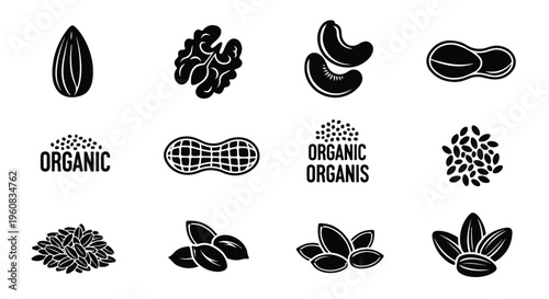Organic nuts and seeds icon set, black silhouette nut collection for food packaging, 12 healthy snack vector elements for grocery branding
