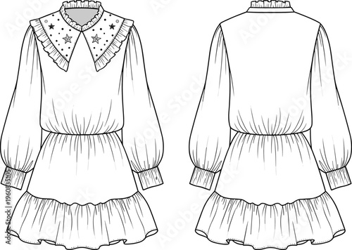 Women Flutter Sleeve Layered Peplum Blouse Technical Fashion Flat Sketch Split V Neck CAD Drawing Flat Vector Illustration Front Back