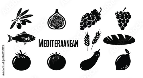 Mediterranean food icon set with 12 black vector elements, healthy diet ingredients including olives, fish, grapes, and vegetables for menu design