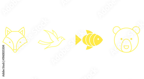 Minimalist yellow line art animal icons set: fox, bird, fish, and bear. Simple flat design vector illustration for nature and wildlife themes.