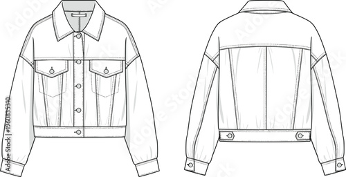 Women Long Sleeve Button Down Shirt Technical Fashion Flat Sketch Classic Collar CAD Drawing Flat Vector Illustration Front and Back