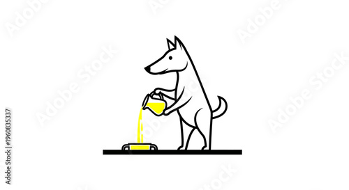 Stylized cartoon dog pouring yellow liquid into a small car, depicting automotive service or pet care concept