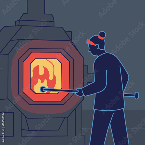 Glassblower working with molten glass in a furnace.