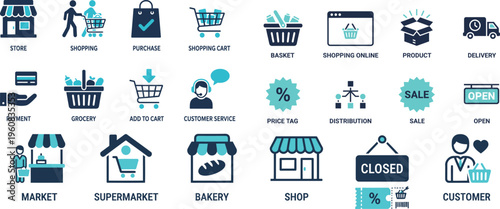 E-commerce Flat Vector Icons – Shopping, Payment, Cart, Customer Service