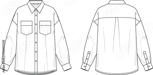 Women Long Sleeve High Neck Blouse Technical Fashion Flat Sketch Tiered Peplum Hem CAD Drawing Flat Vector Illustration Front Back