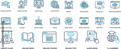 Online Education Flat Vector Icon Set – E-learning and Digital School Icons
