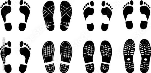 Comprehensive Human Footprint and Shoe Print Collection - Diverse Footwear Tracks and Barefoot Imprints Vector