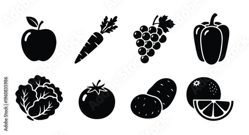 Black fruit and vegetable icons set, 8 organic food silhouettes, minimalist grocery vector elements for healthy eating and nutrition design