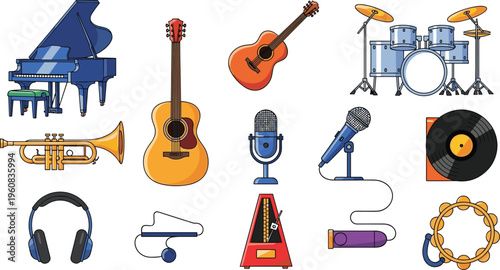Musical Instruments Collection with Piano Guitar Drum Set Microphone Headphones Trumpet Vinyl Record and Audio Equipment Flat Vector Illustration