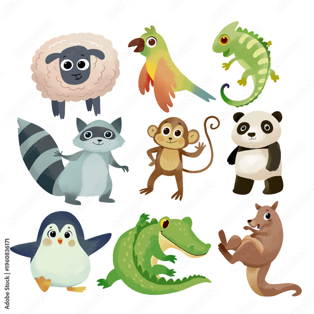 Obraz premium Cute Watercolor Safari Animal Character Set with Flowers and Stars for Nursery Decor and Kids Design