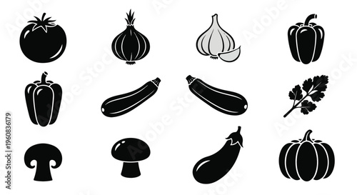Minimalist vegetable icon set, black silhouette organic food symbols, 12 flat vector elements for restaurant menus and grocery branding