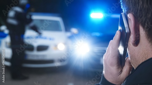Man talking on phone at night with police vehicle in background. Officer emergency call and law enforcement response. Crime scene investigation and night patrol public safety operation.