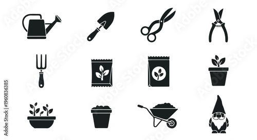 Gardening tools icon set, black silhouette garden equipment collection, 12 vector elements for landscaping and horticulture design