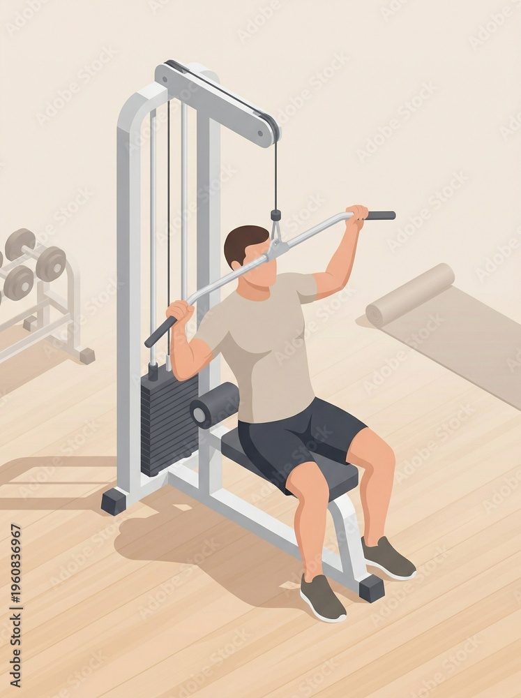 Fototapeta premium Man performing a lat pulldown gym exercise for upper body strength and muscle building