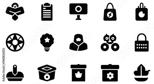 A collection of fifteen blackandwhite solid silhouette icons arranged in three rows