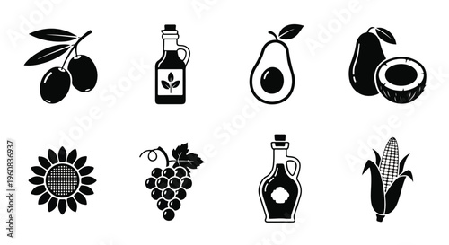 Minimalist cooking oil icons set, black flat vector illustrations of healthy fats and vegetable oils, 8 organic food ingredients for culinary design