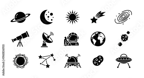 Black and white icons depicting space astronomy and space travel objects